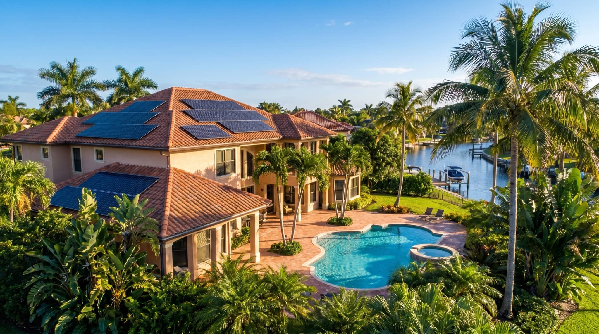 Aerial of a South Florida home with rooftop solar and a pool, South Florida.