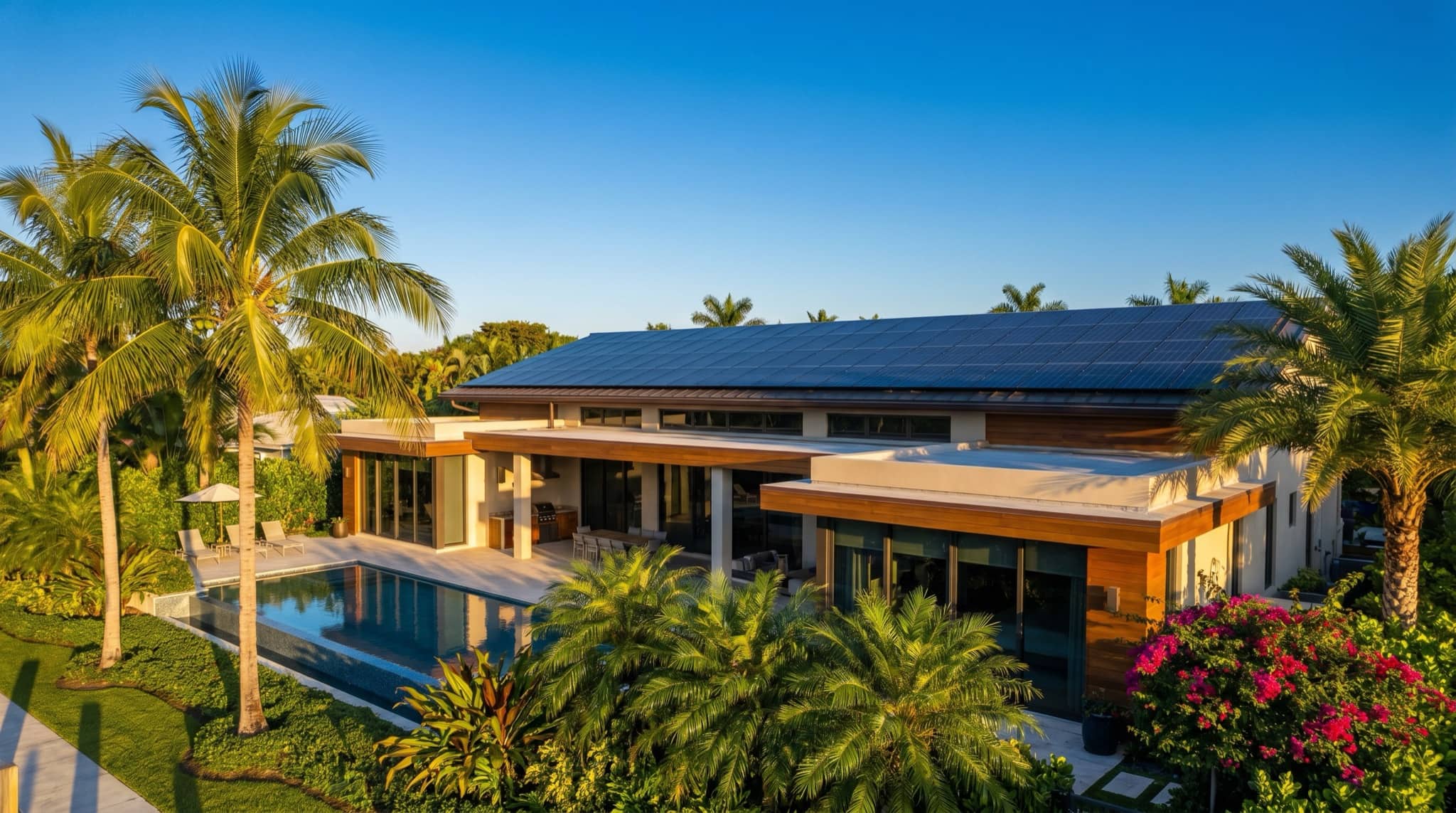 Modern Florida home with a full rooftop solar array at golden light, South Florida.