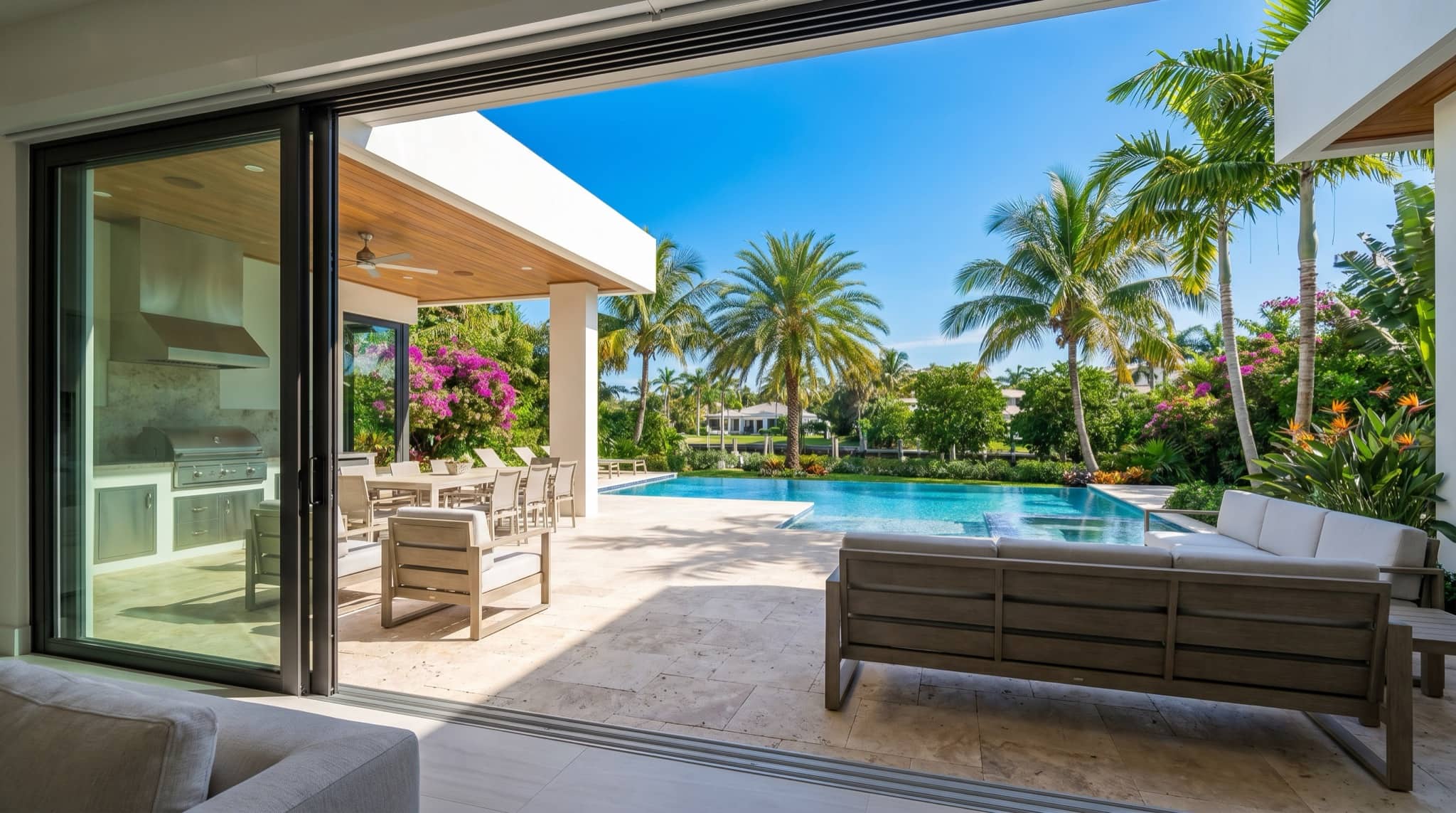 Large sliding glass doors opening to a Florida patio and pool, South Florida.
