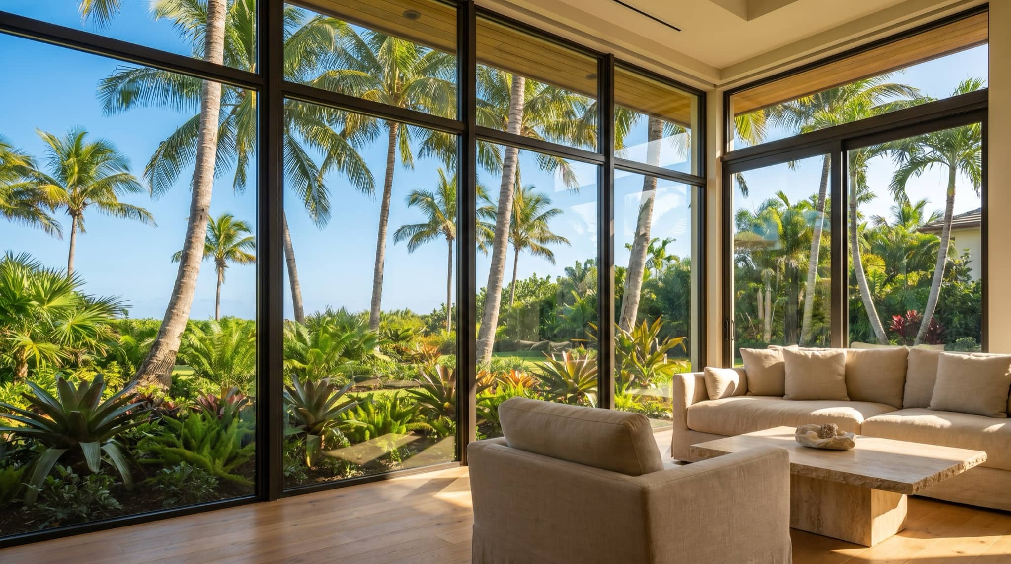 Interior view through impact windows to palms and blue sky, South Florida.