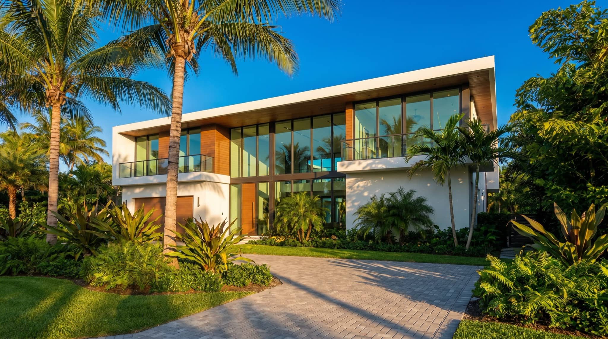 Modern Florida home facade with large windows at golden hour, South Florida.