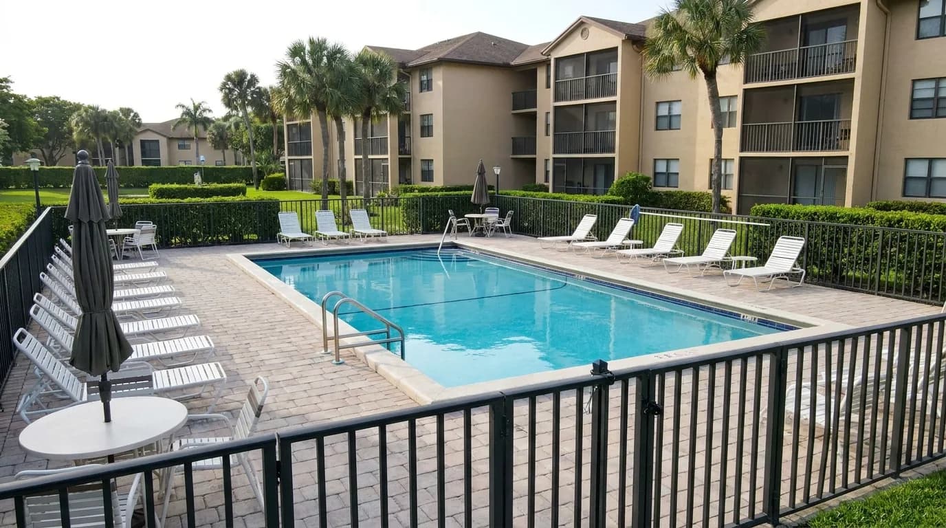 A condominium community pool with a safety fence, paver deck and lounge chairs in front of a mid-rise South Florida residential building.