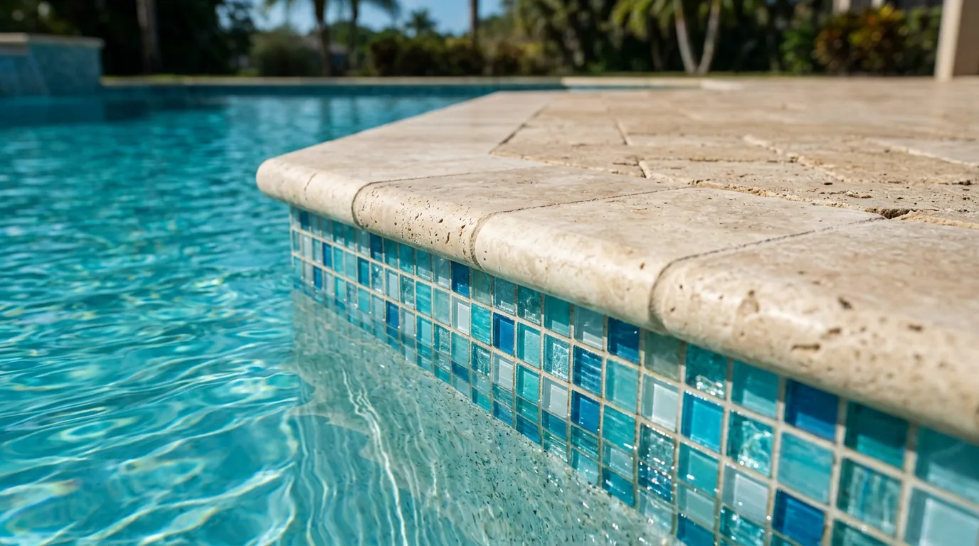 Close-up of travertine bullnose coping over a glass mosaic waterline tile band at the edge of a clear swimming pool.