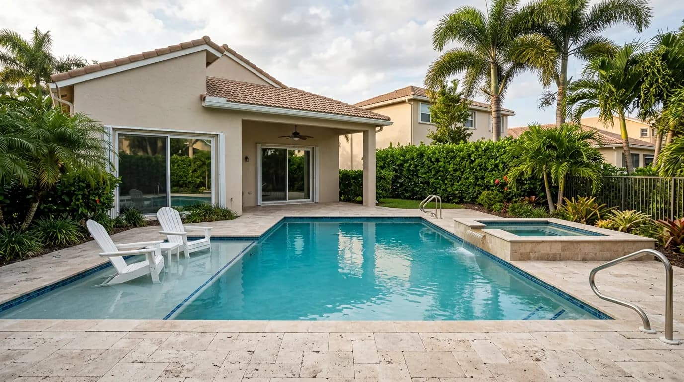 A mid-size residential swimming pool with an attached raised spa and travertine paver deck behind a single-story South Florida home.