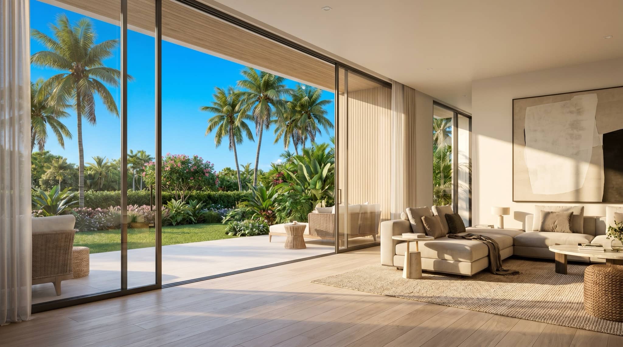 Staged bright modern living room in a Florida home, South Florida.
