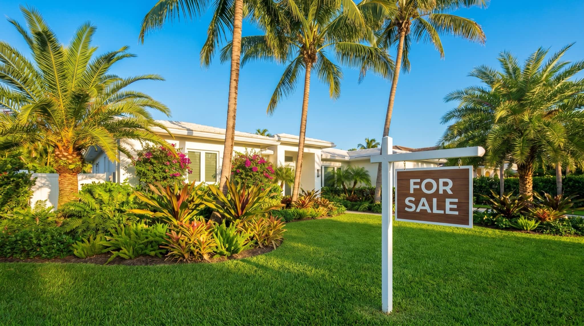 For-sale sign in a manicured Florida front yard with palms, South Florida.
