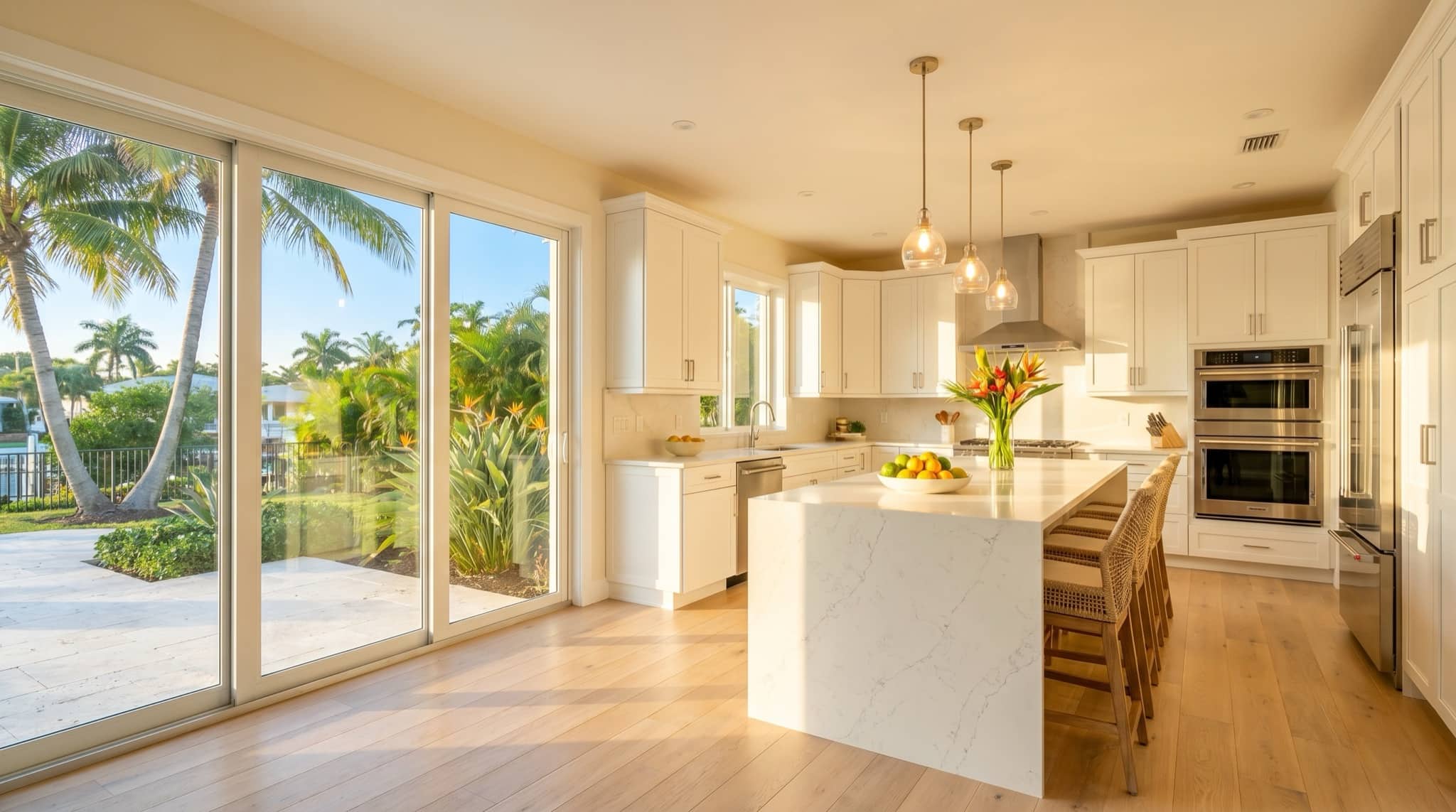 Renovated kitchen staged for sale in Florida light, South Florida.