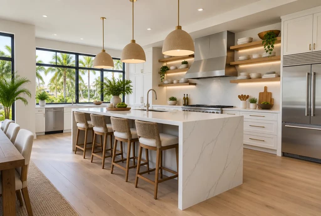 Concept visualization of a finished upscale South Florida kitchen with a white quartz waterfall island, shaker cabinetry, wood open shelving and large windows onto palms.