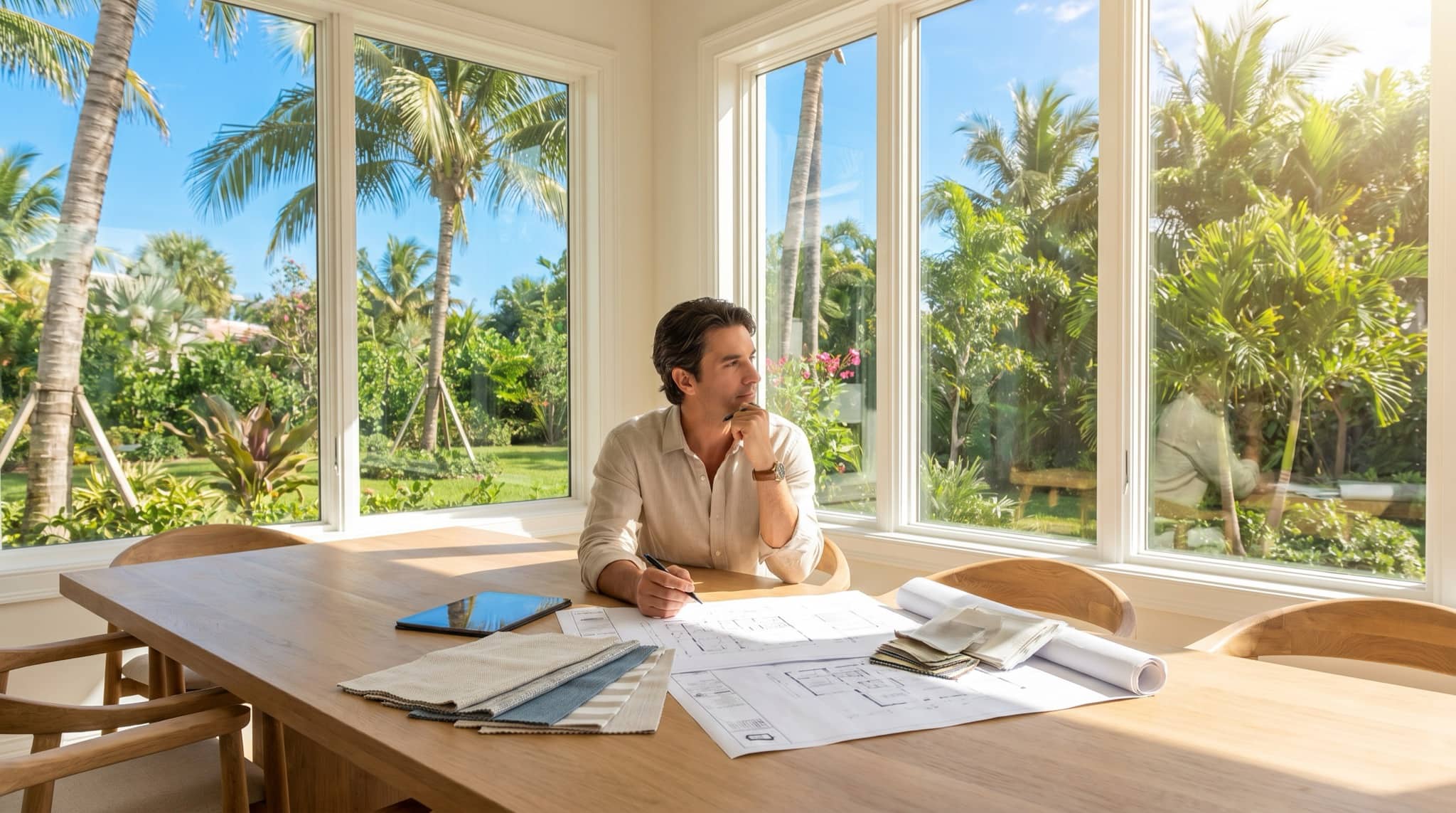 Person planning a home project with documents in a bright Florida home, South Florida.