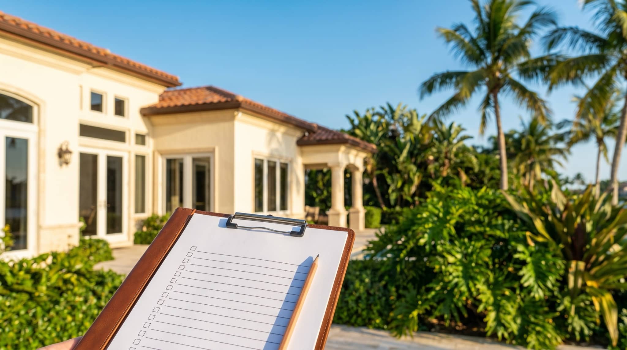 Checklist clipboard with a Florida home softly in the background, South Florida.